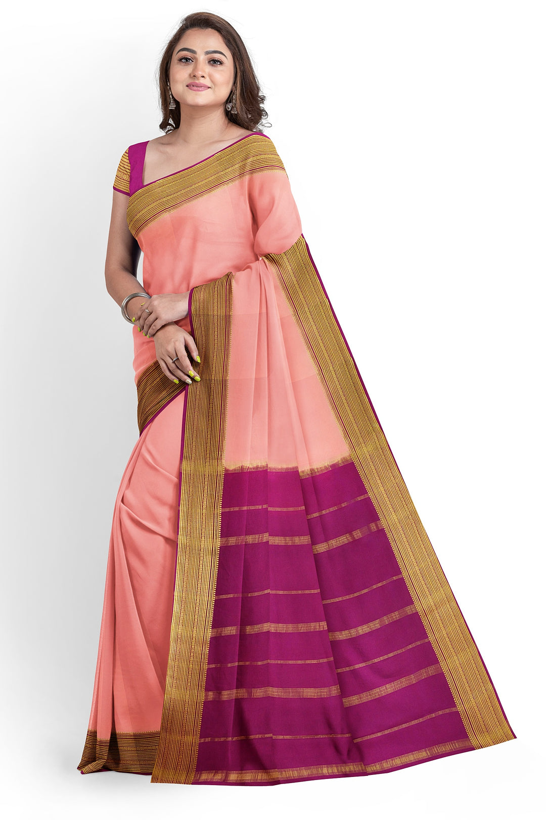 Peach Pure Mysore Crepe Silk Saree | SILK MARK CERTIFIED