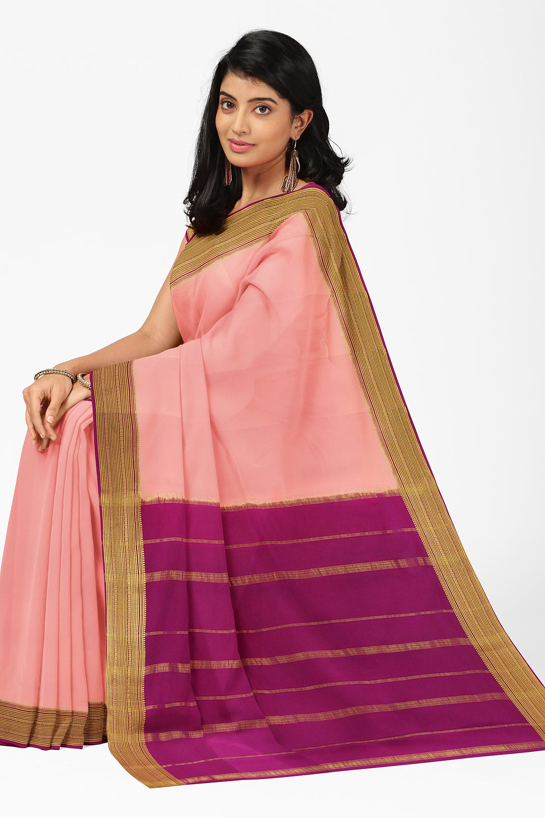 Peach Pure Mysore Crepe Silk Saree | SILK MARK CERTIFIED