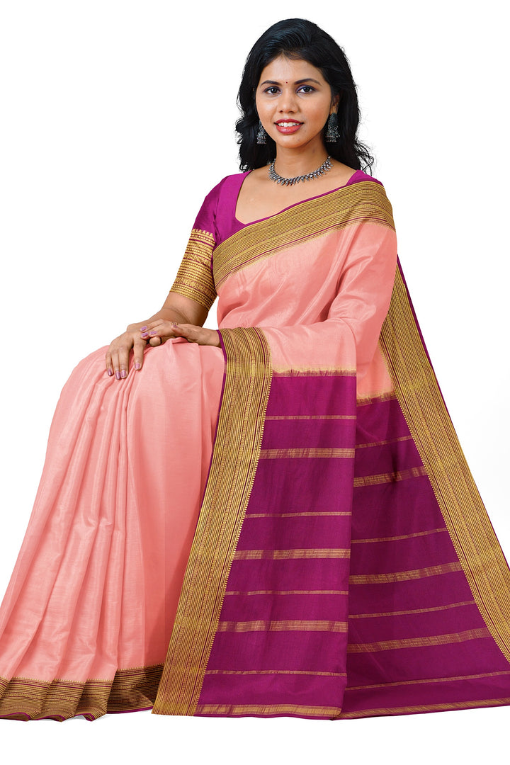 Peach Pure Mysore Crepe Silk Saree | SILK MARK CERTIFIED