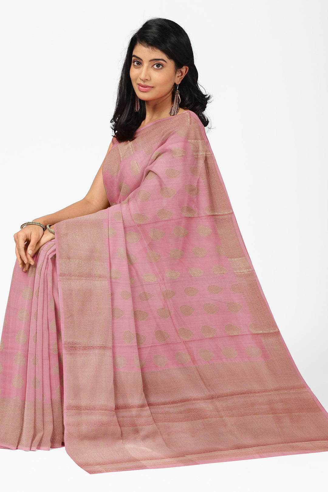 PEACH COLOUR CHINIYA SILK BANARASI HANDLOOM SAREE - ATHARVA