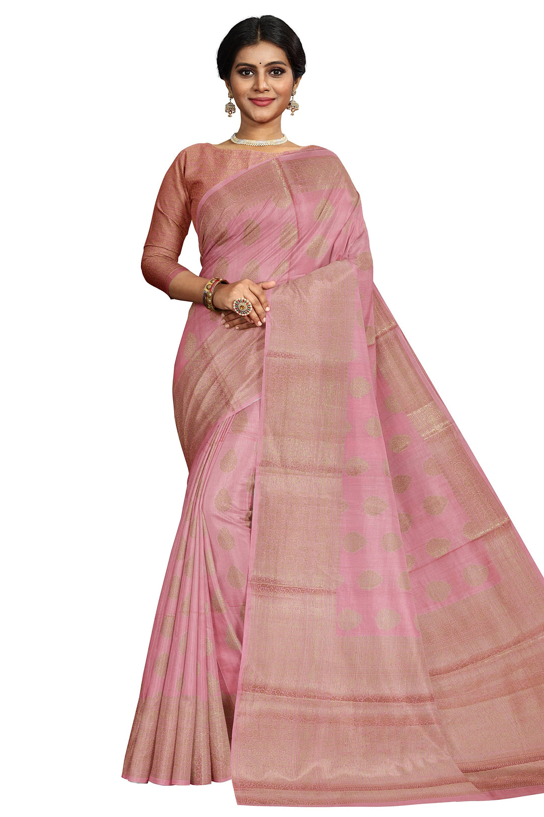 PEACH COLOUR CHINIYA SILK BANARASI HANDLOOM SAREE - ATHARVA