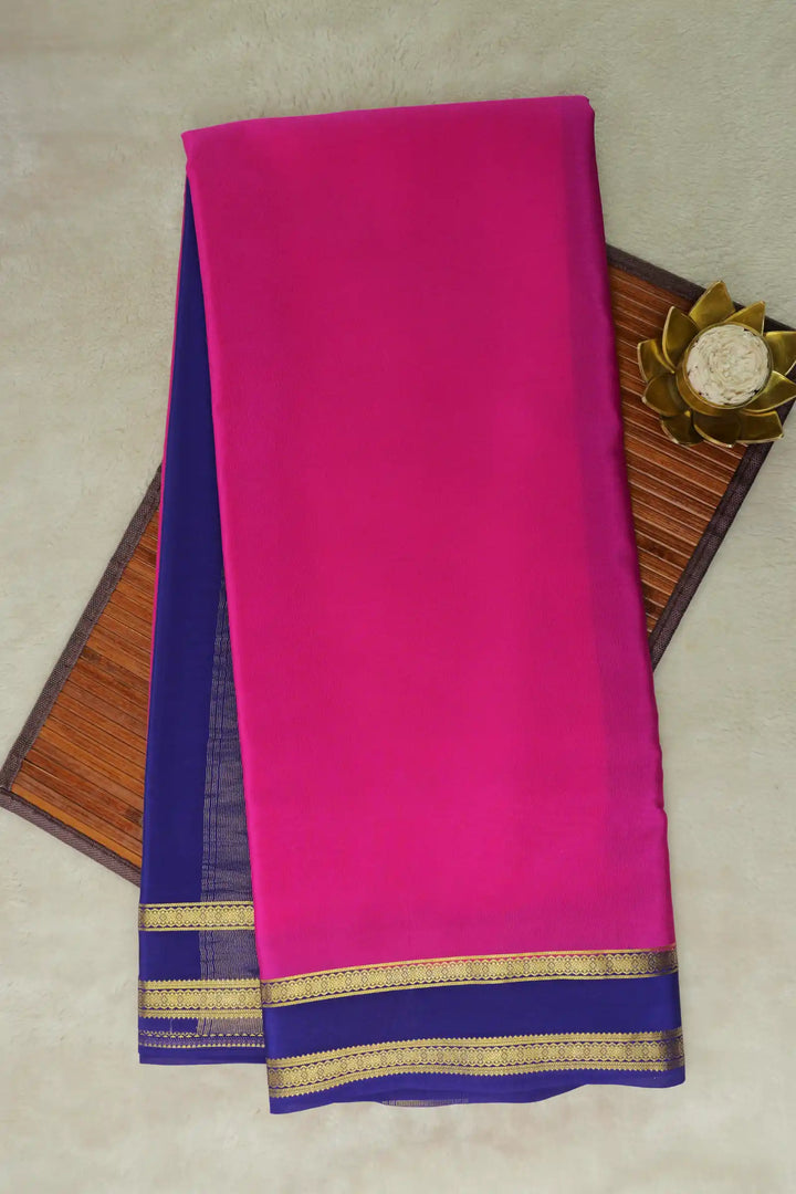 Pink Mysore Silk Saree with Blue Border and Gold Lace