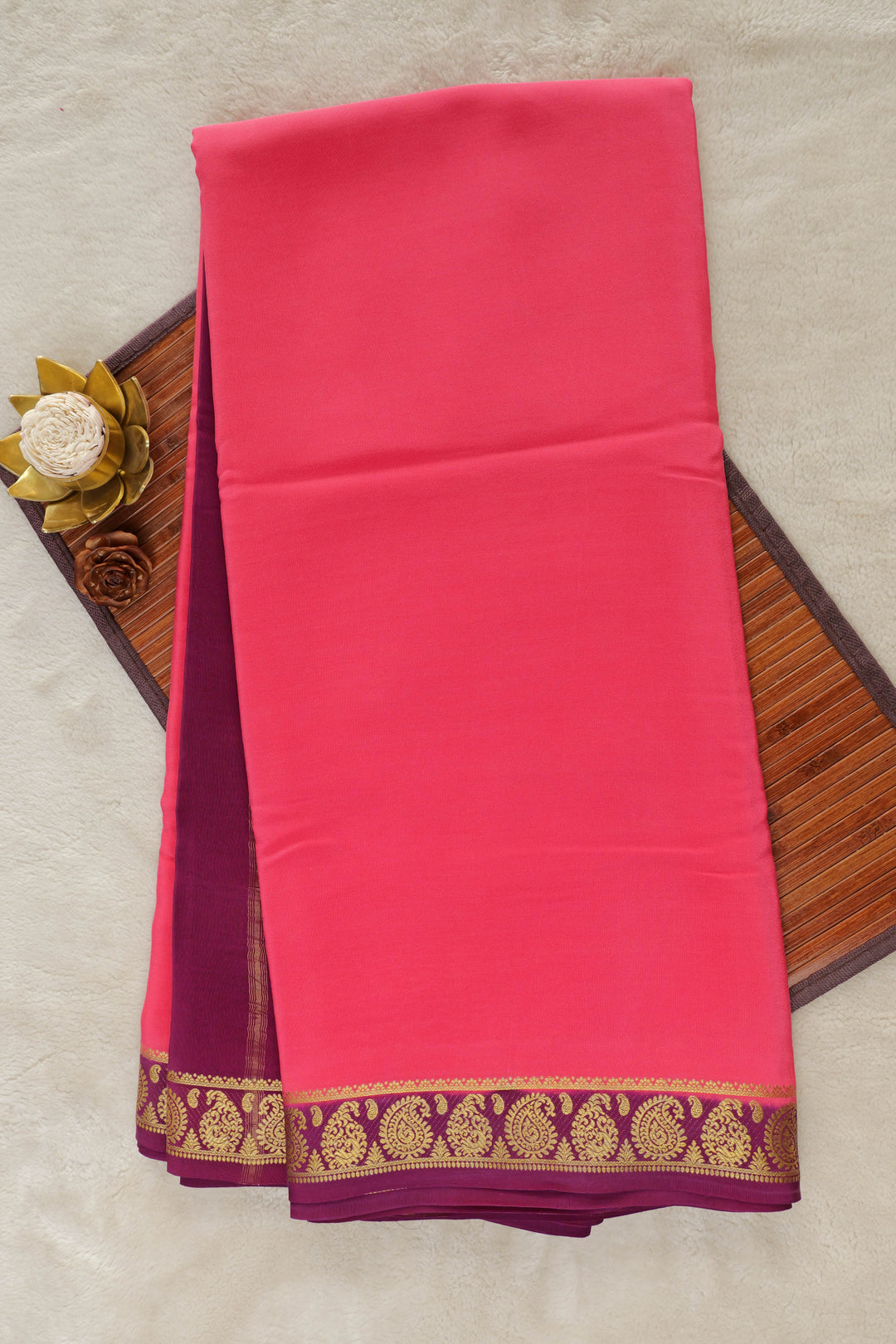 Pink Mysore Silk Saree with purple border and golden zari