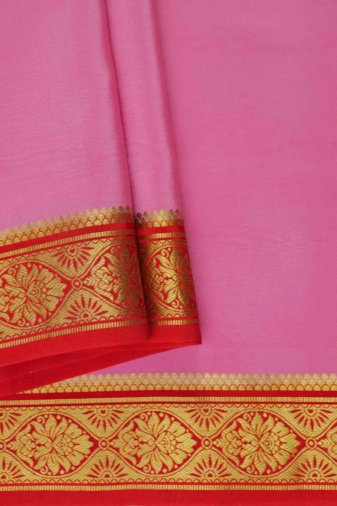 Pink Mysore Silk Saree with red pallu and elegant gold woven border