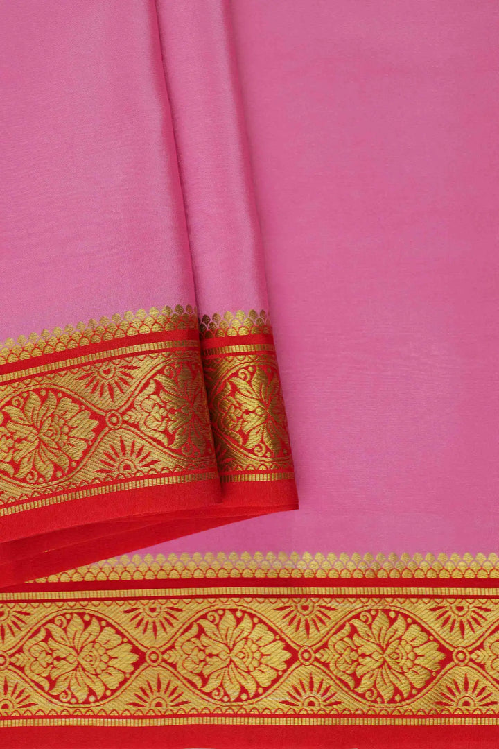 Pink Mysore Silk Saree with red pallu and elegant gold woven border