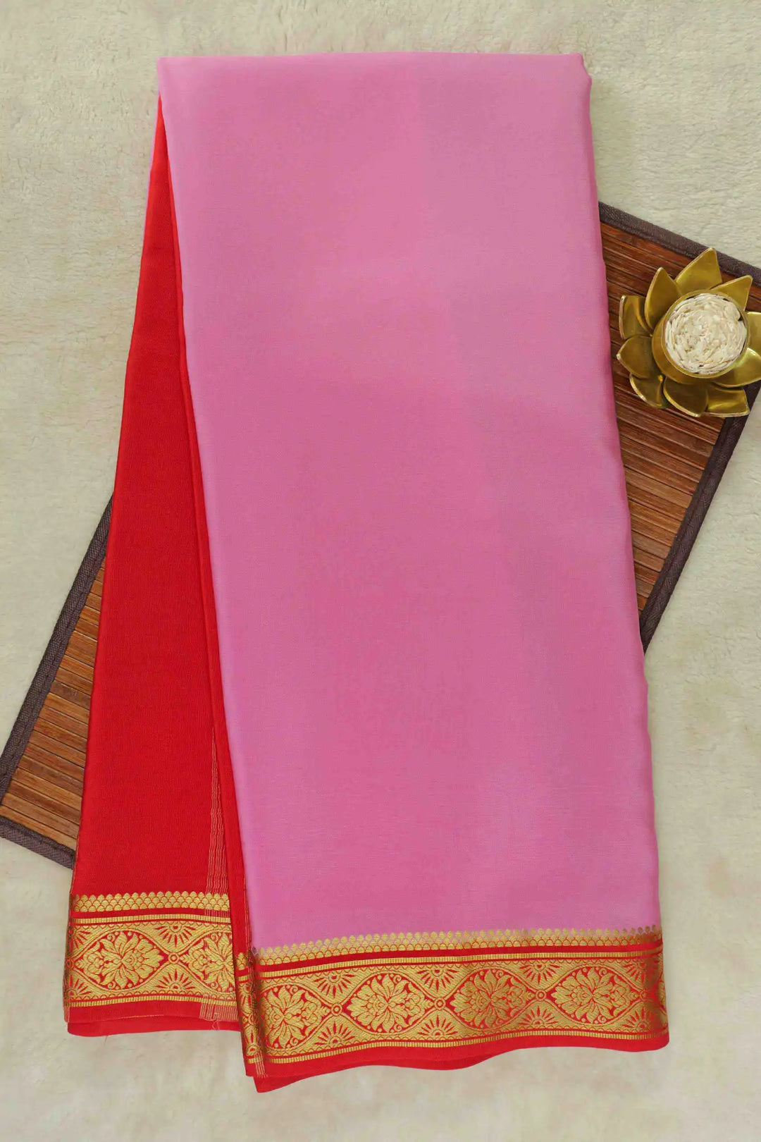 Pink Mysore Silk Saree with red pallu and gold zari border