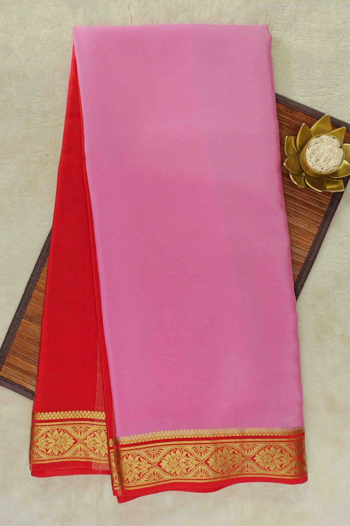 Pink Mysore Silk Saree with red pallu and gold zari border