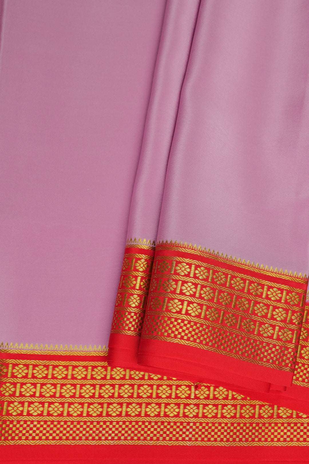 Pink Mysore Silk saree with red edge and golden design