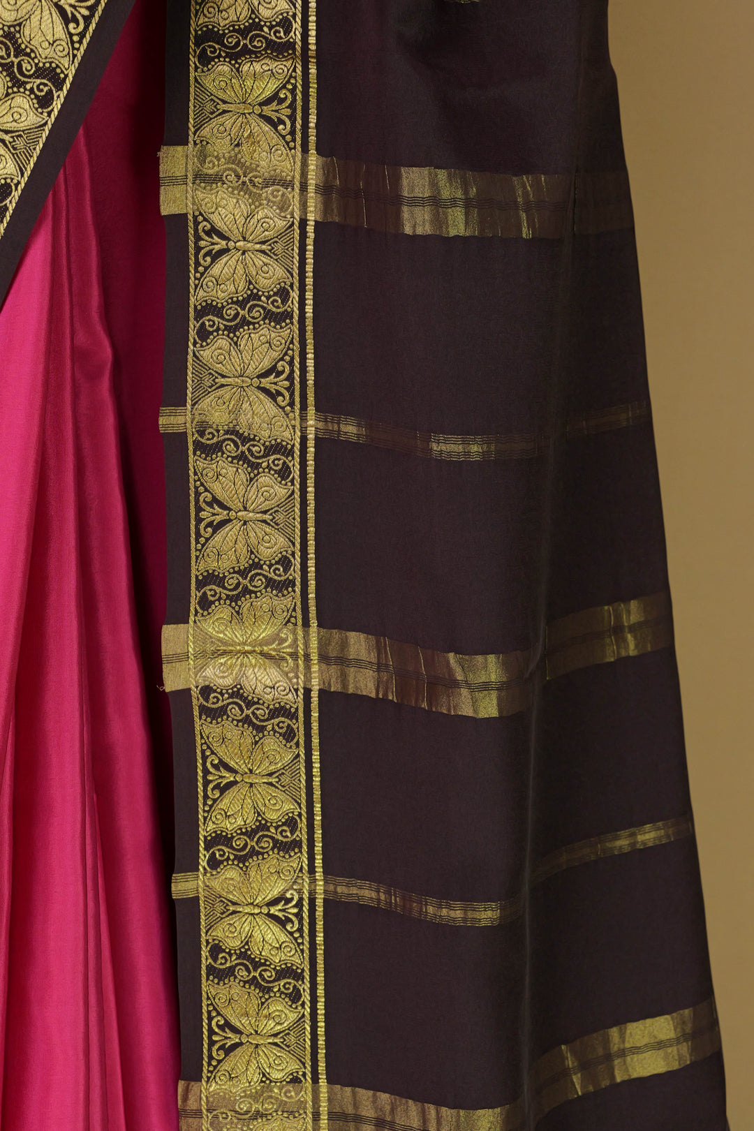 Pink Mysore crepe silk saree with dark brown pallu – Atharva