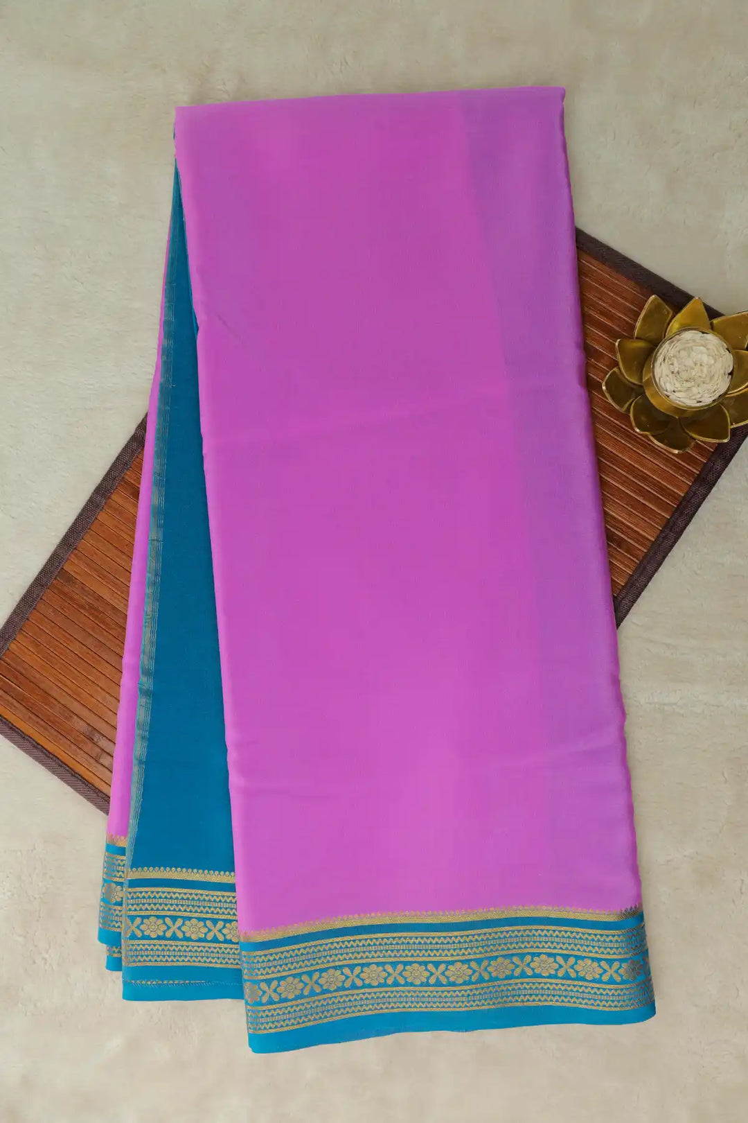 Pink Mysore silk saree with blue border