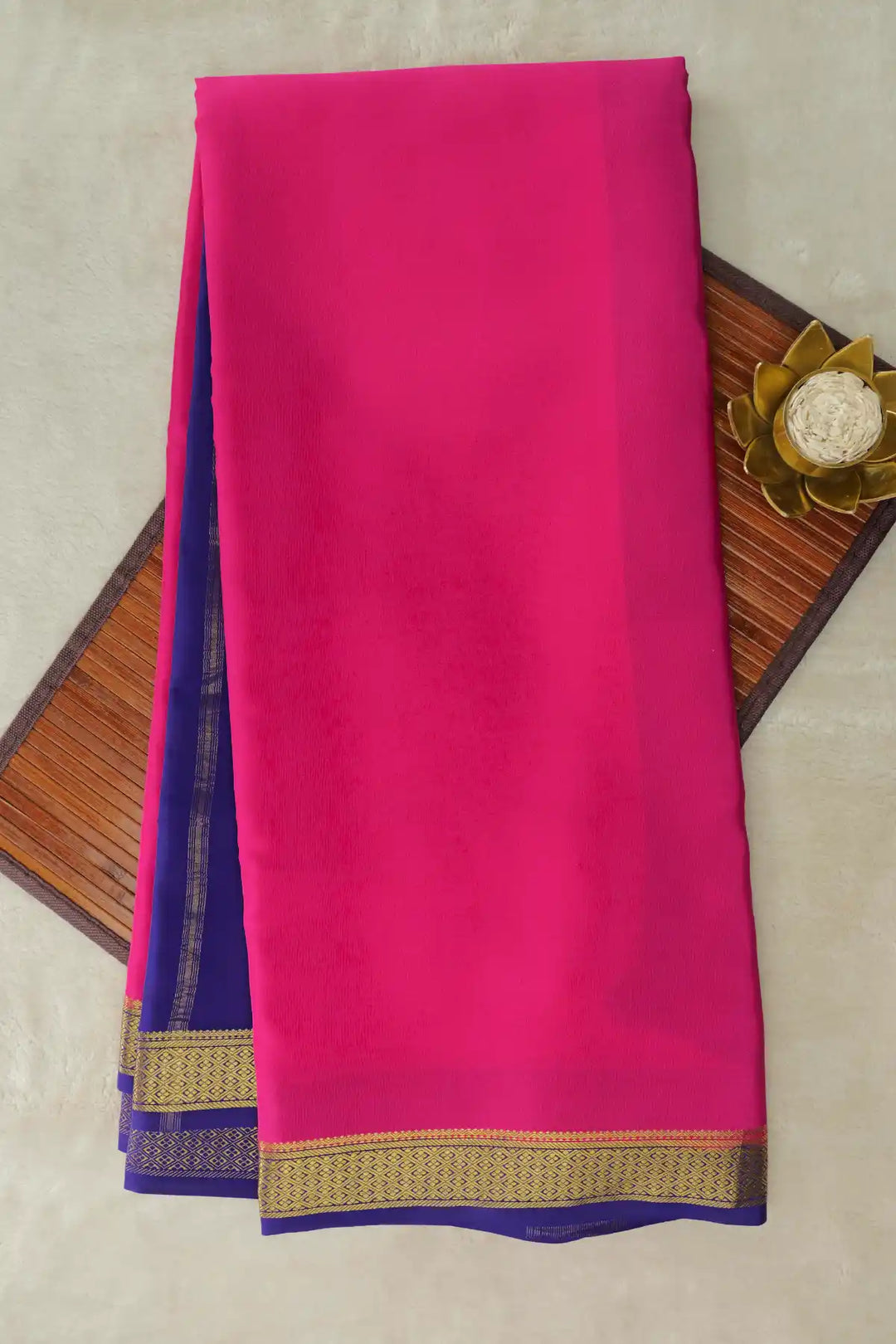 Pink Mysore silk saree with blue border and gold zari