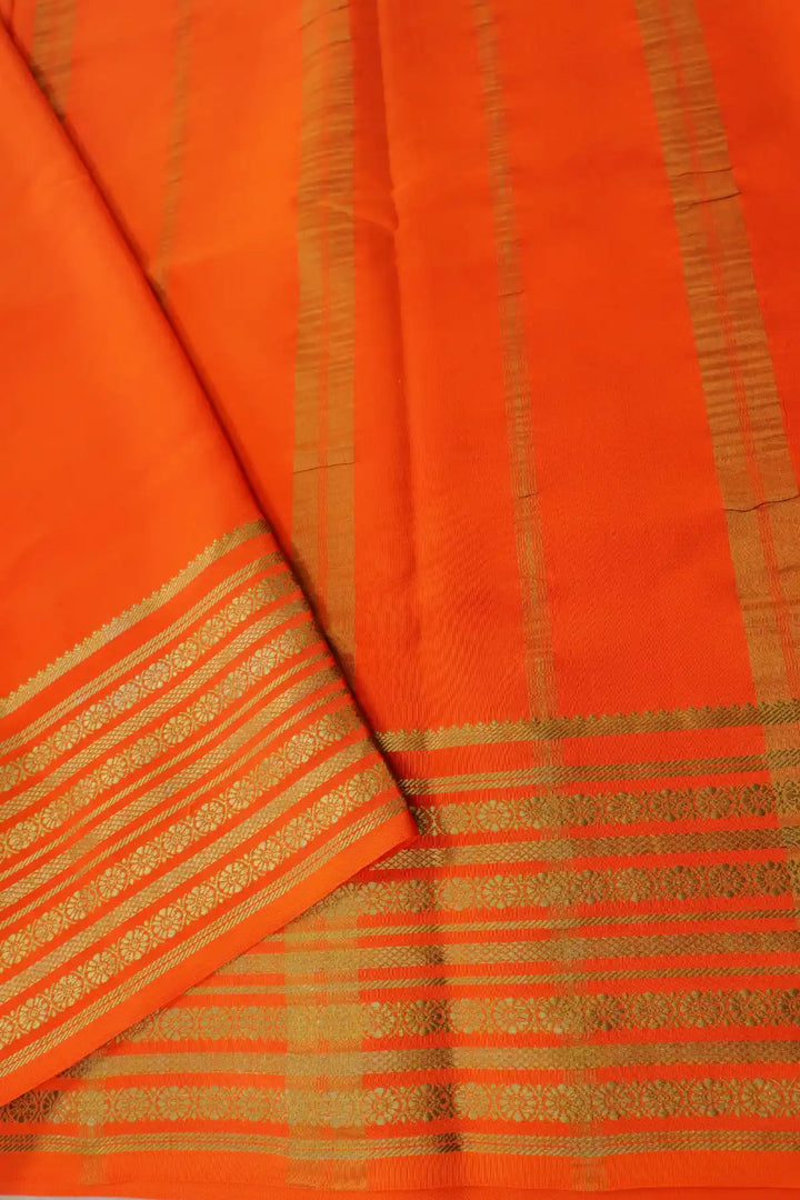 Pink Mysore silk saree with contrast orange pallu