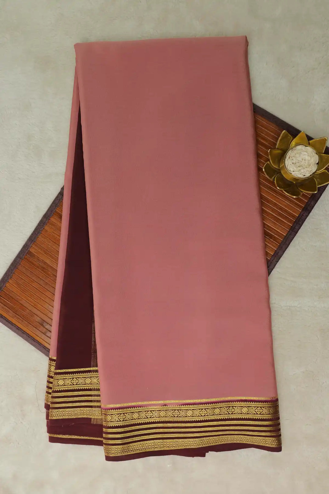 Pink Mysore silk saree with gold border