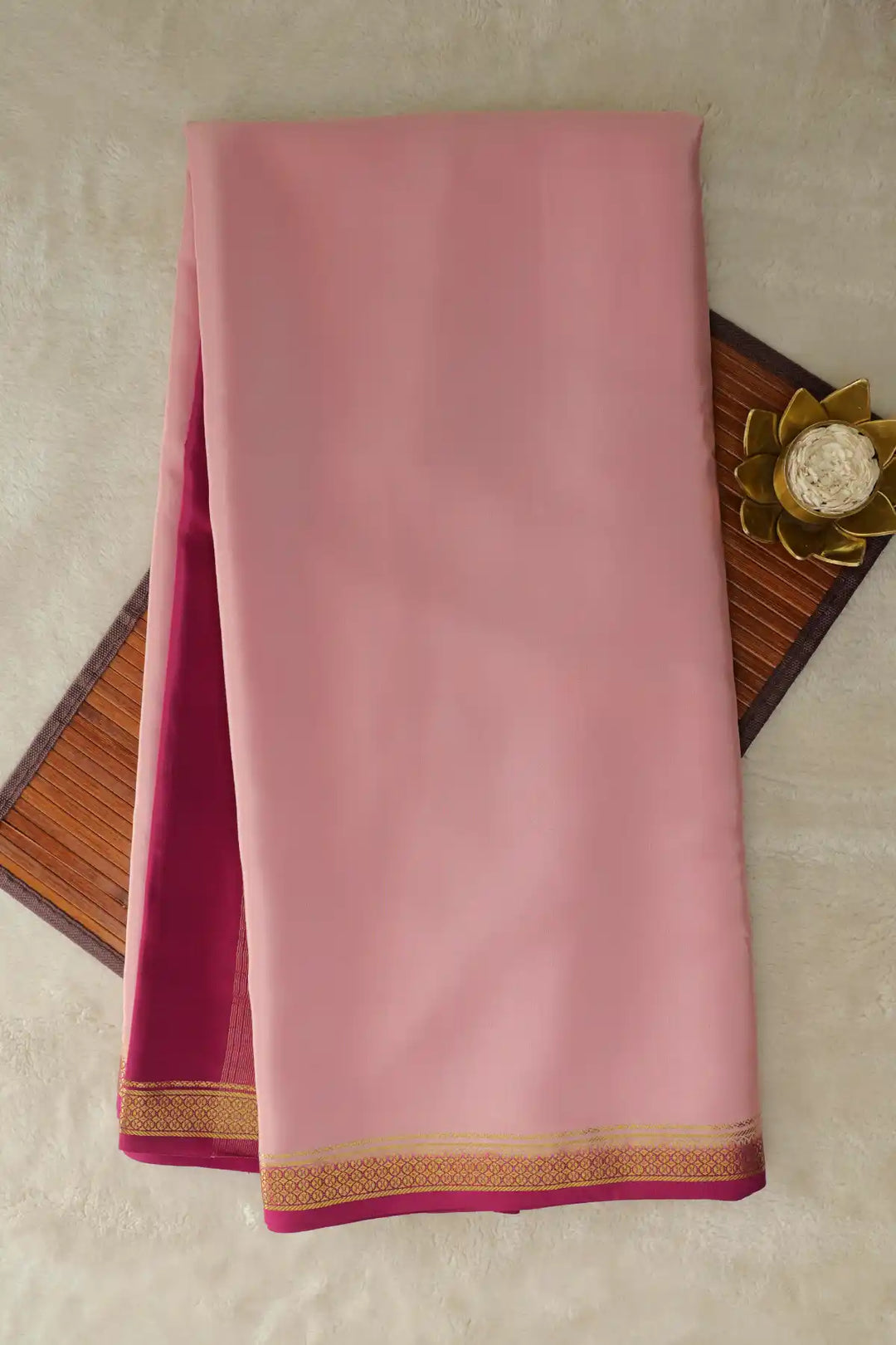 Pink Mysore silk saree with gold border and zari