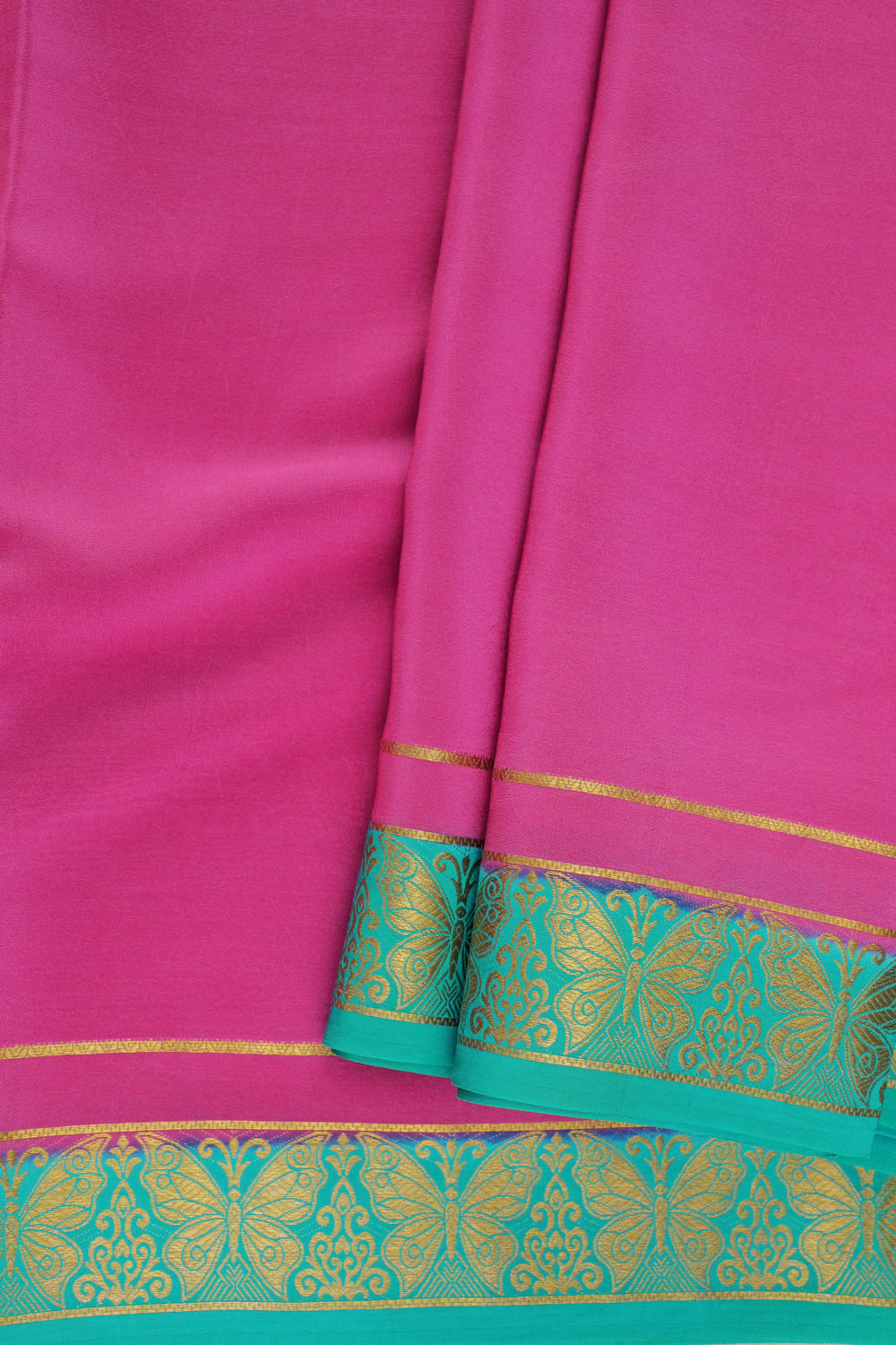 Pink Mysore silk saree with green butterfly border