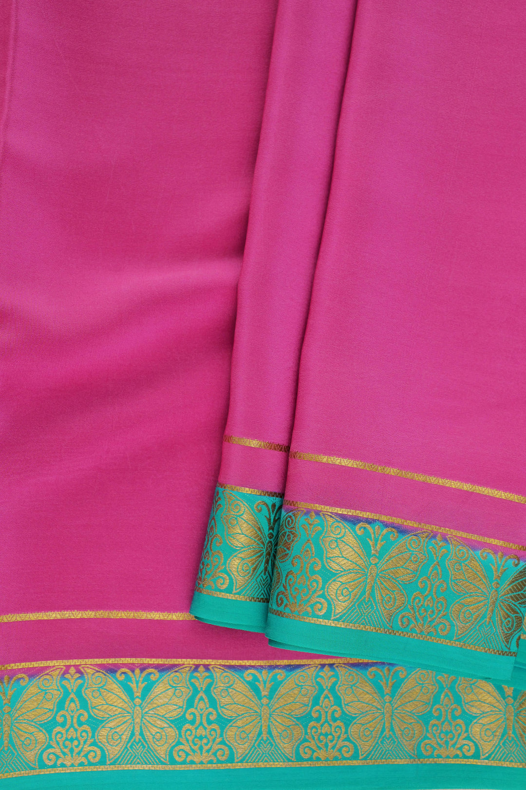 Pink Mysore silk saree with green butterfly border