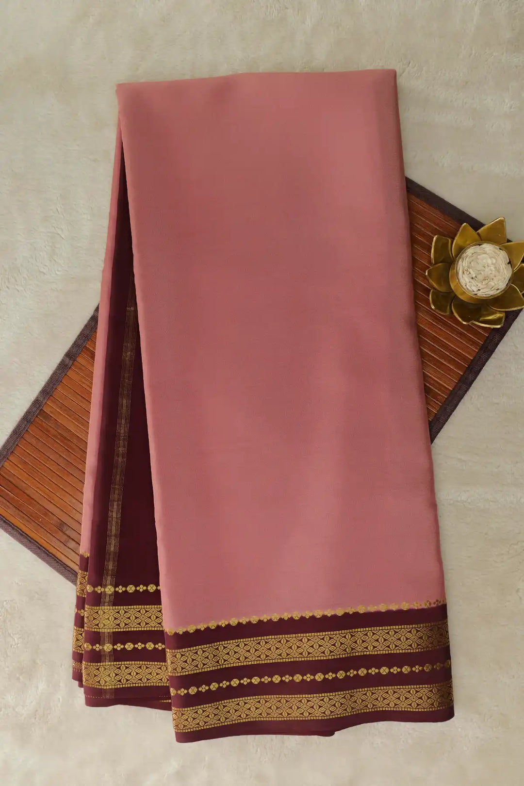 Pink Mysore silk saree with maroon border and gold zari