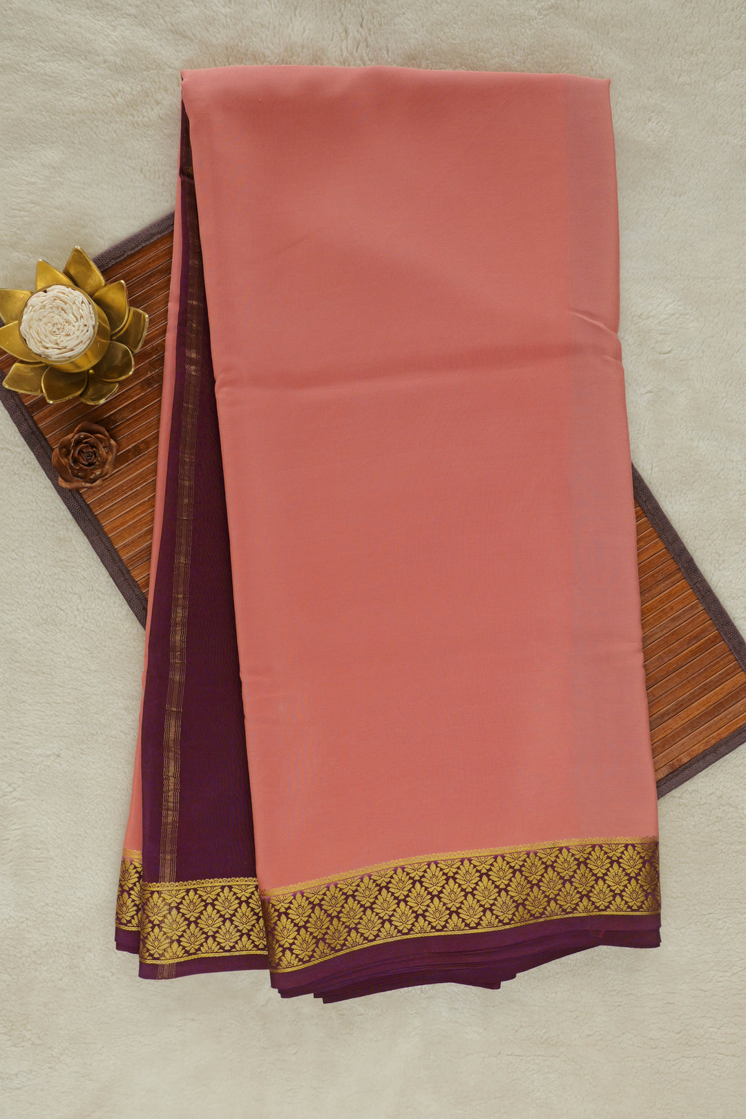 Pink Mysore silk saree with purple and gold border