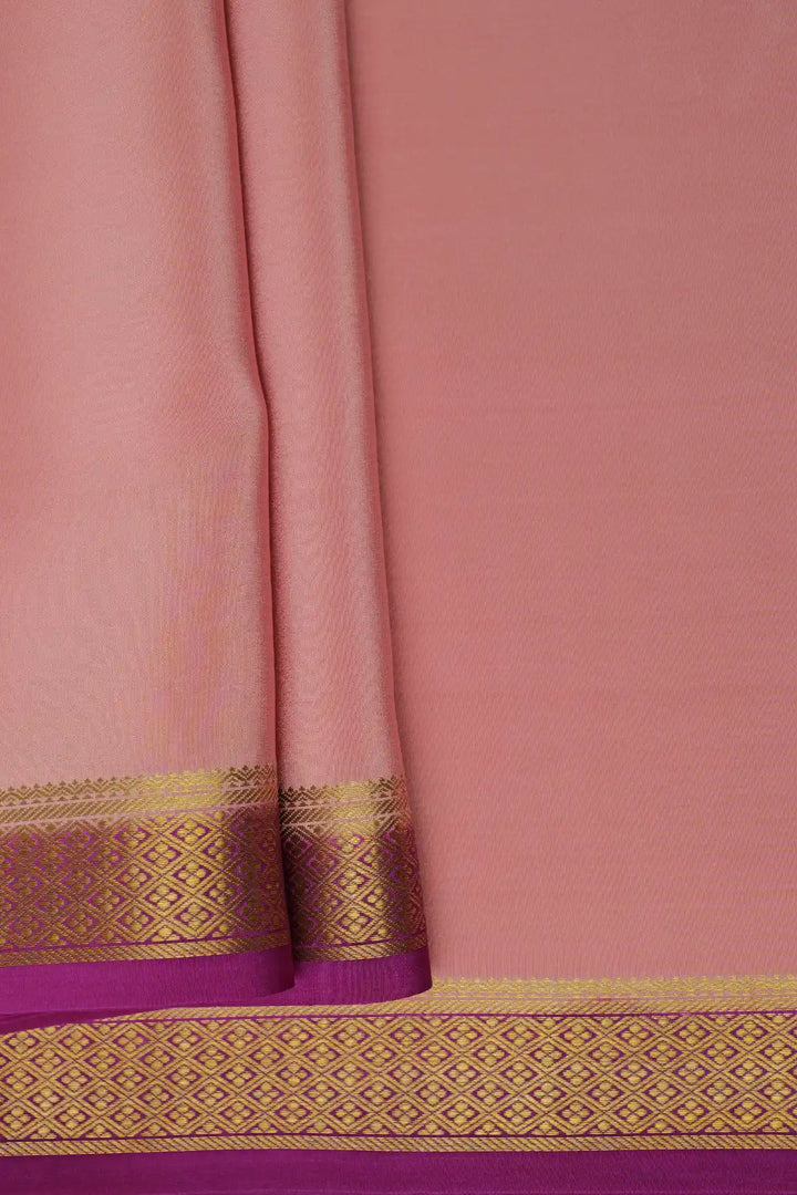 Pink Mysore silk saree with purple pallu and gold zari border