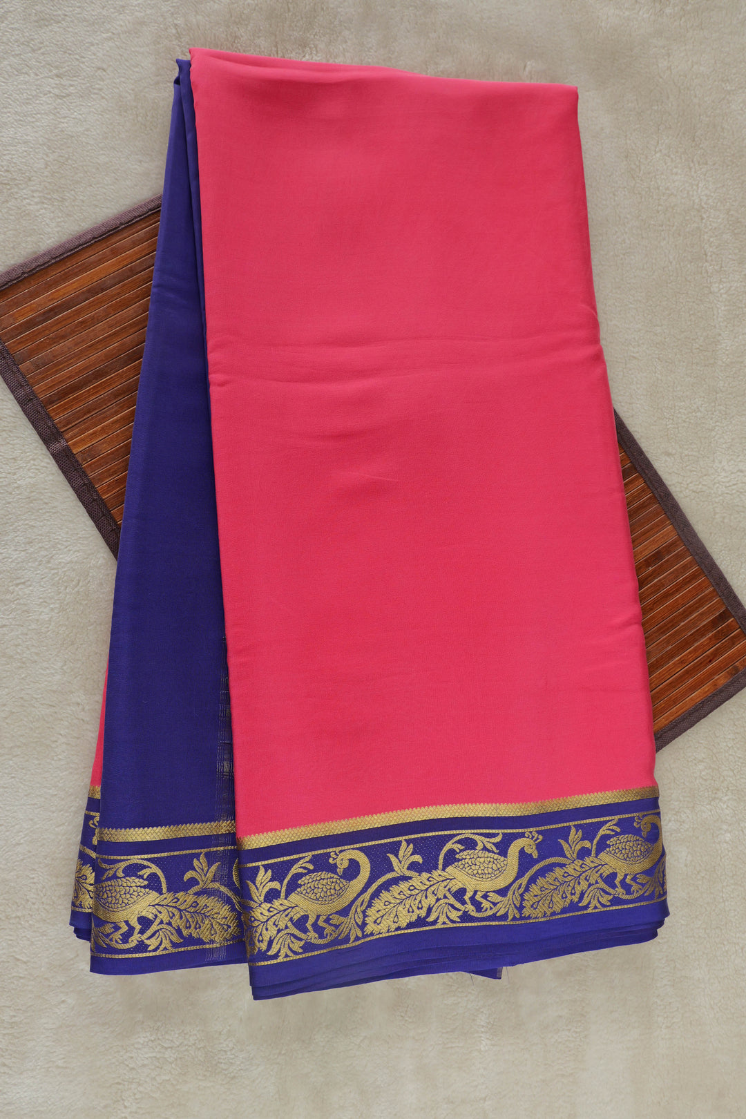 Pink Mysore silk saree with royal blue border
