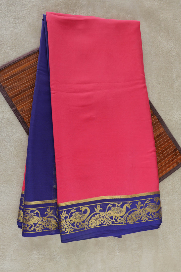Pink Mysore silk saree with royal blue border
