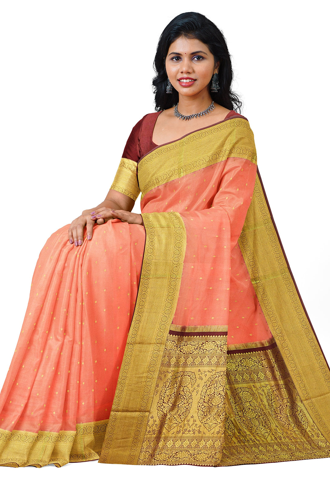 Peach Pure Mysore Crepe Silk Saree | SILK MARK CERTIFIED