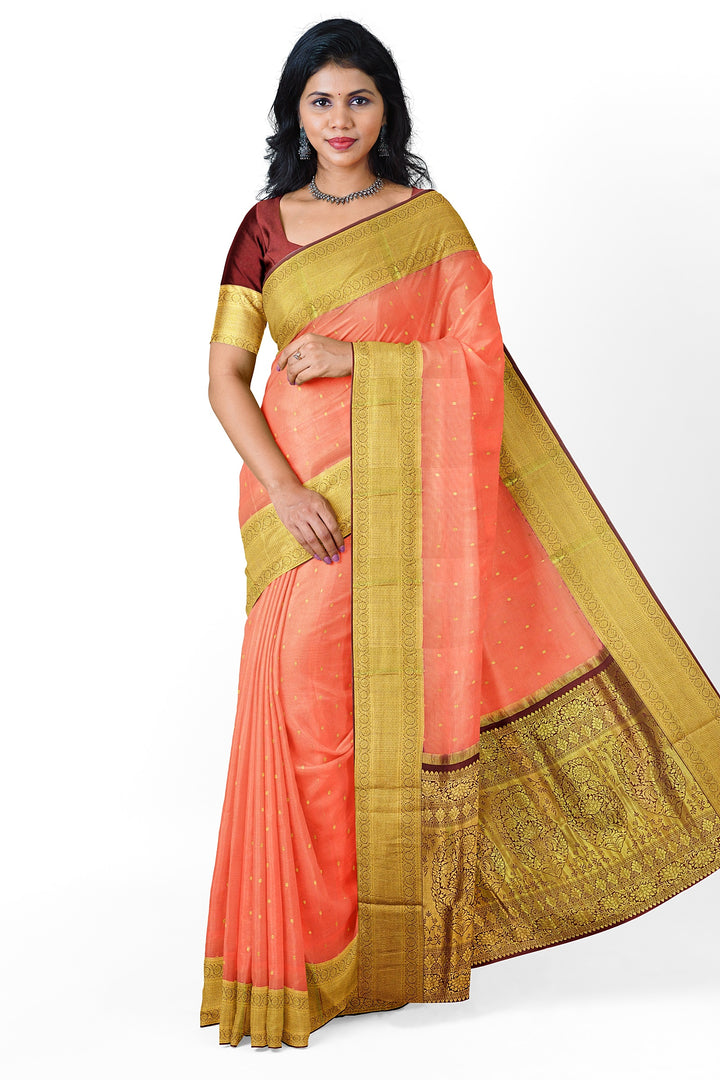 Peach Pure Mysore Crepe Silk Saree | SILK MARK CERTIFIED