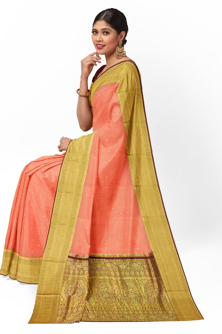 Peach Pure Mysore Crepe Silk Saree | SILK MARK CERTIFIED