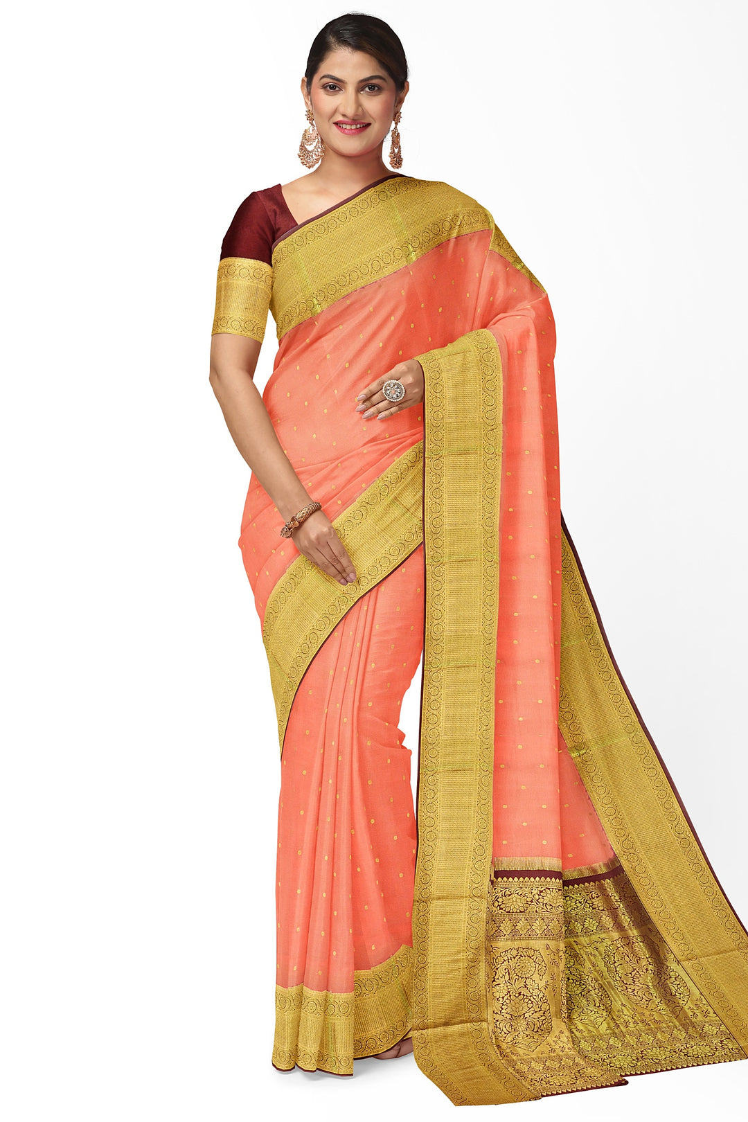 Peach Pure Mysore Crepe Silk Saree | SILK MARK CERTIFIED