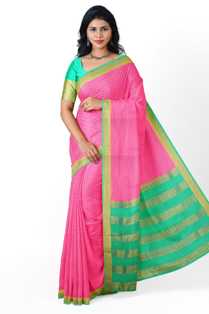 Baby Pink Step Checks Pure Mysore Crepe Silk Saree