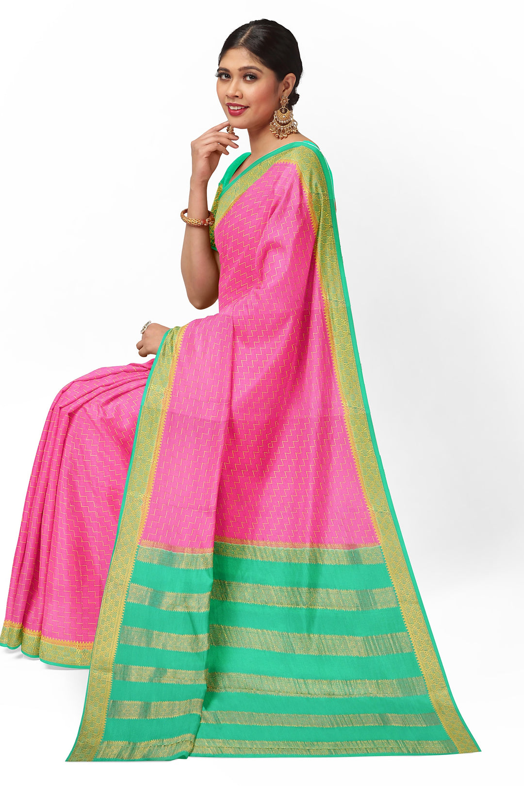 Baby Pink Step Checks Pure Mysore Crepe Silk Saree