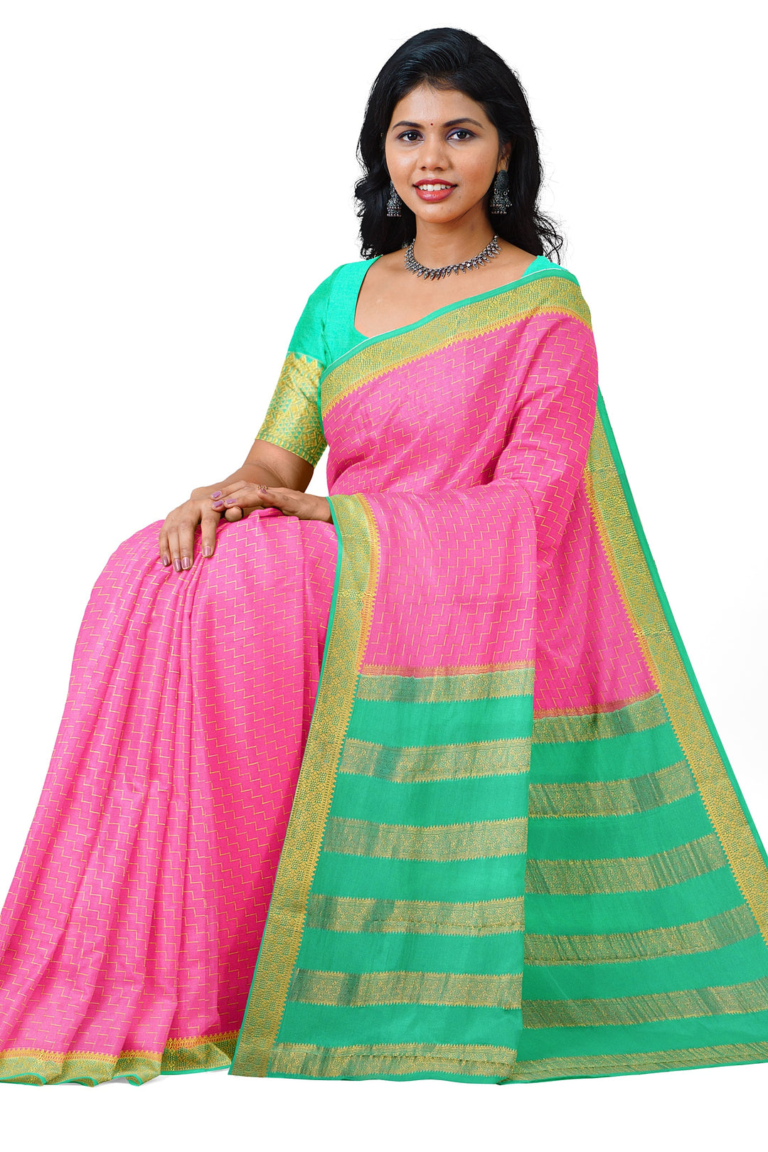 Baby Pink Step Checks Pure Mysore Crepe Silk Saree