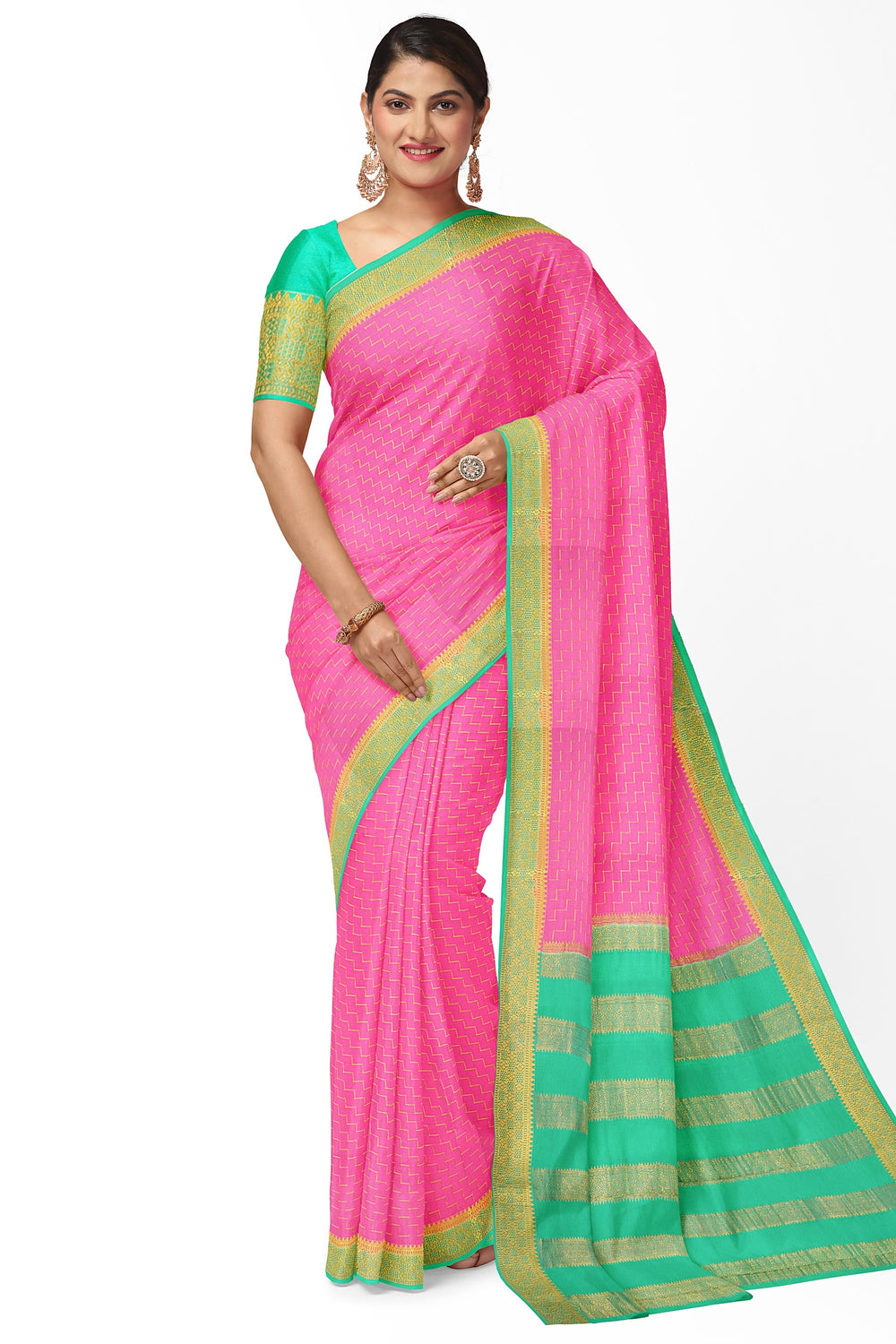 Baby Pink Step Checks Pure Mysore Crepe Silk Saree