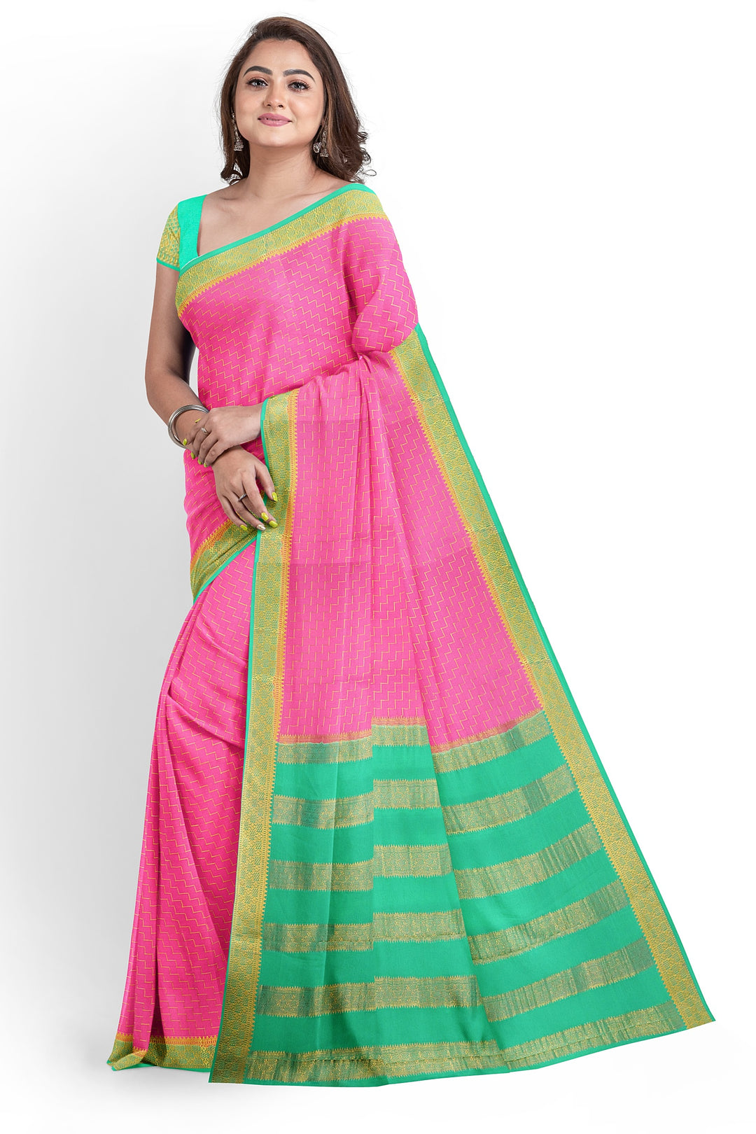 Baby Pink Step Checks Pure Mysore Crepe Silk Saree