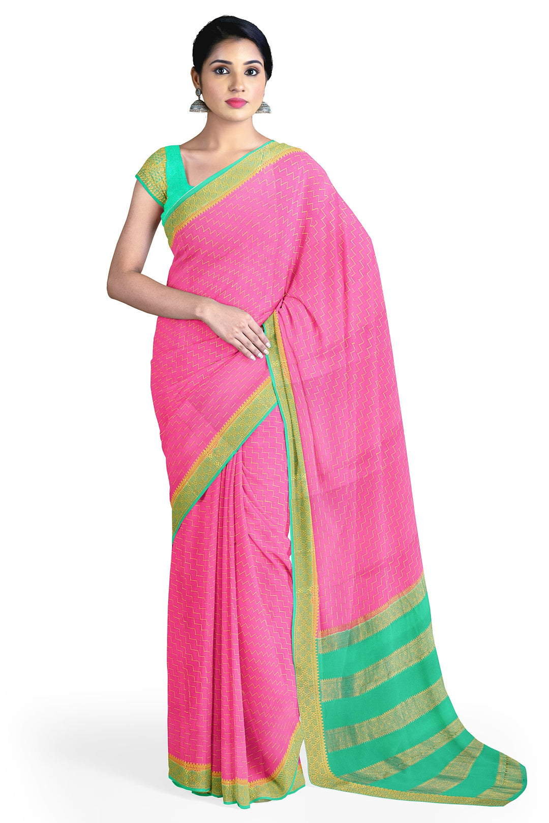 Baby Pink Step Checks Pure Mysore Crepe Silk Saree