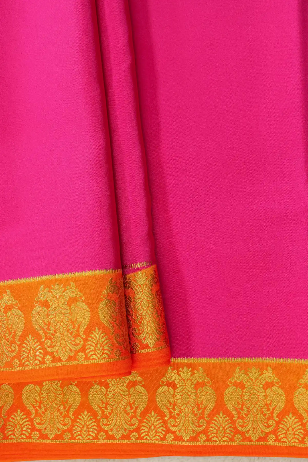 Pink and Orange Pure Mysore Silk Sarees with Gandaberunda Border