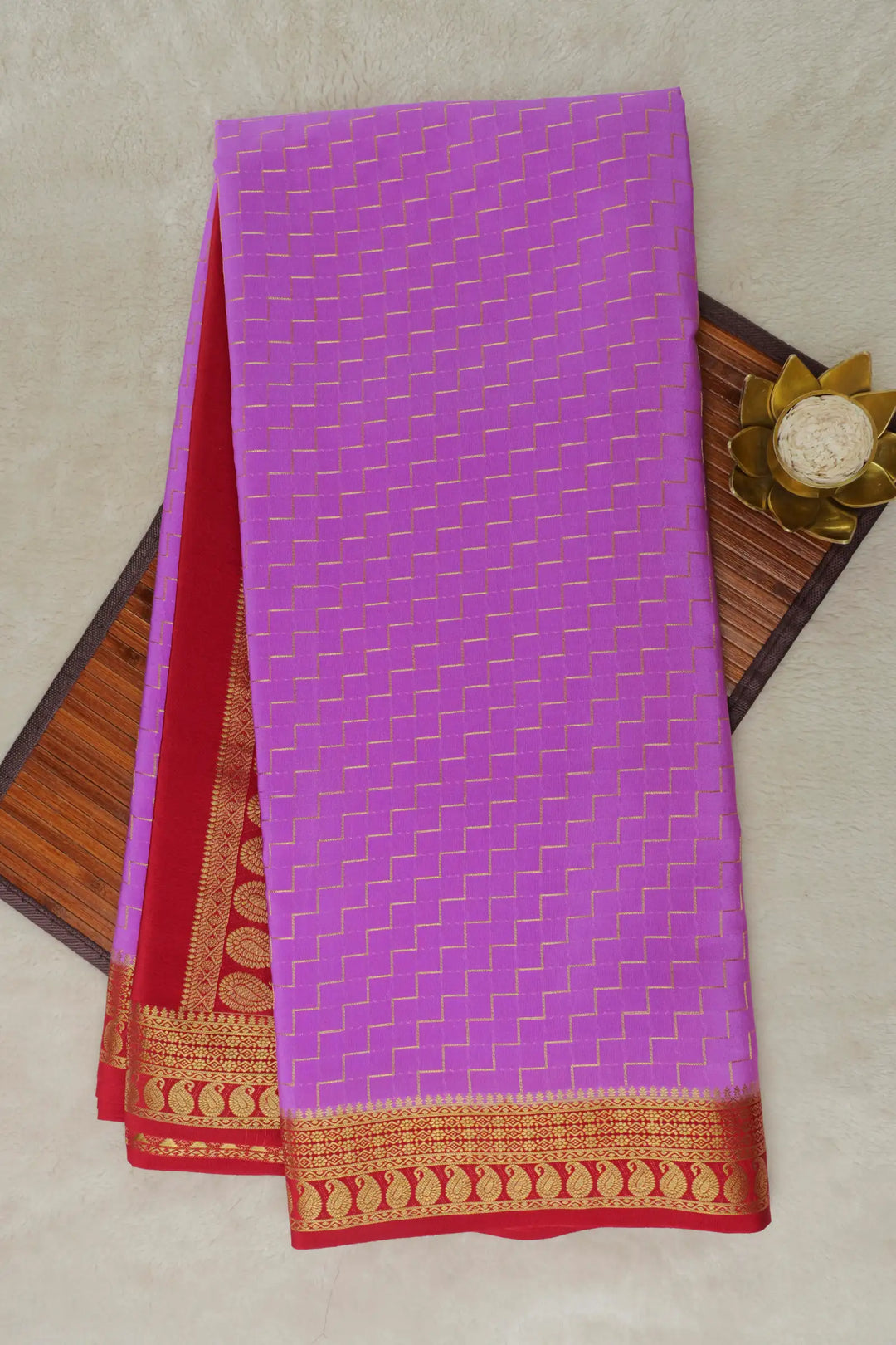 Pink and Red Color Mysore Silk Saree in Step Checks