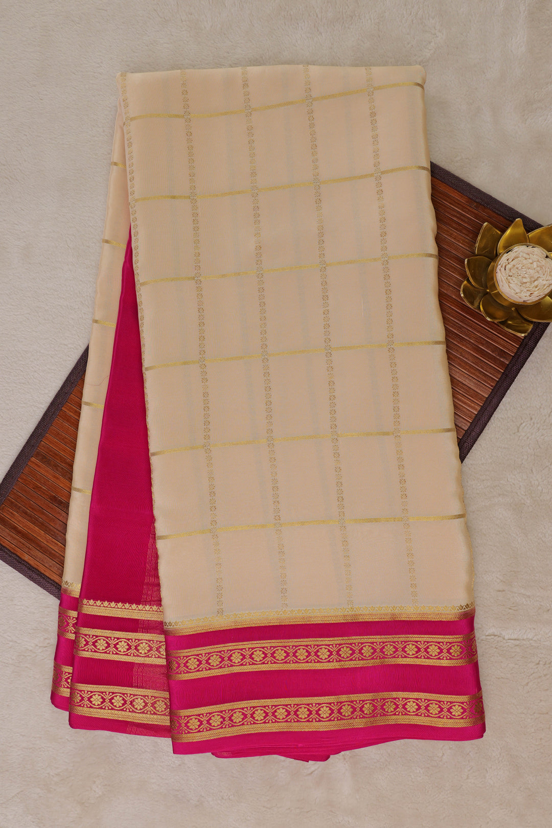 Pink bordered cream Mysore silk saree