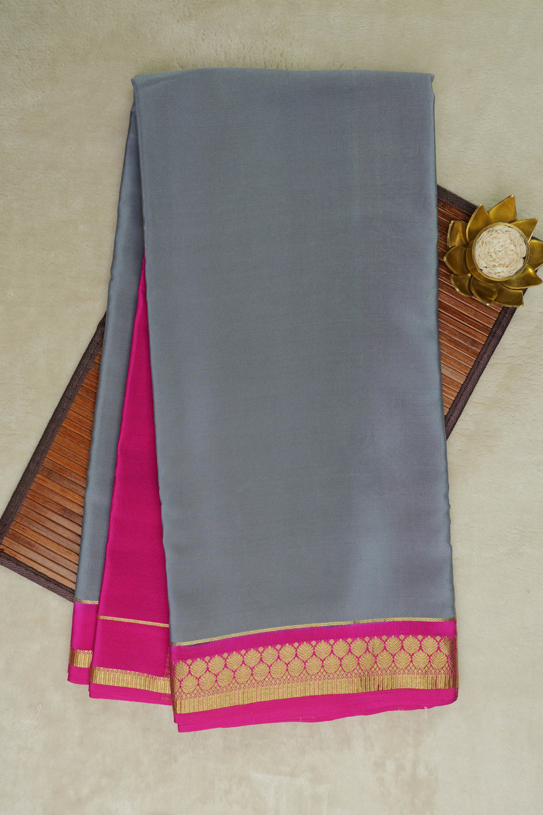 Pink bordered grey Mysore silk saree
