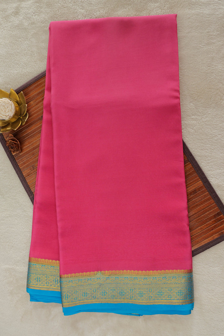Pink saree in mysore silk with blue border