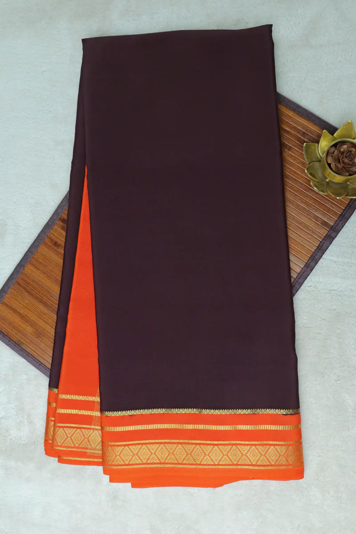 Diamond Border Pure Gold Lace Mysore Silk Saree in Brown and Orange Color With Contrast Orange Color Blouse