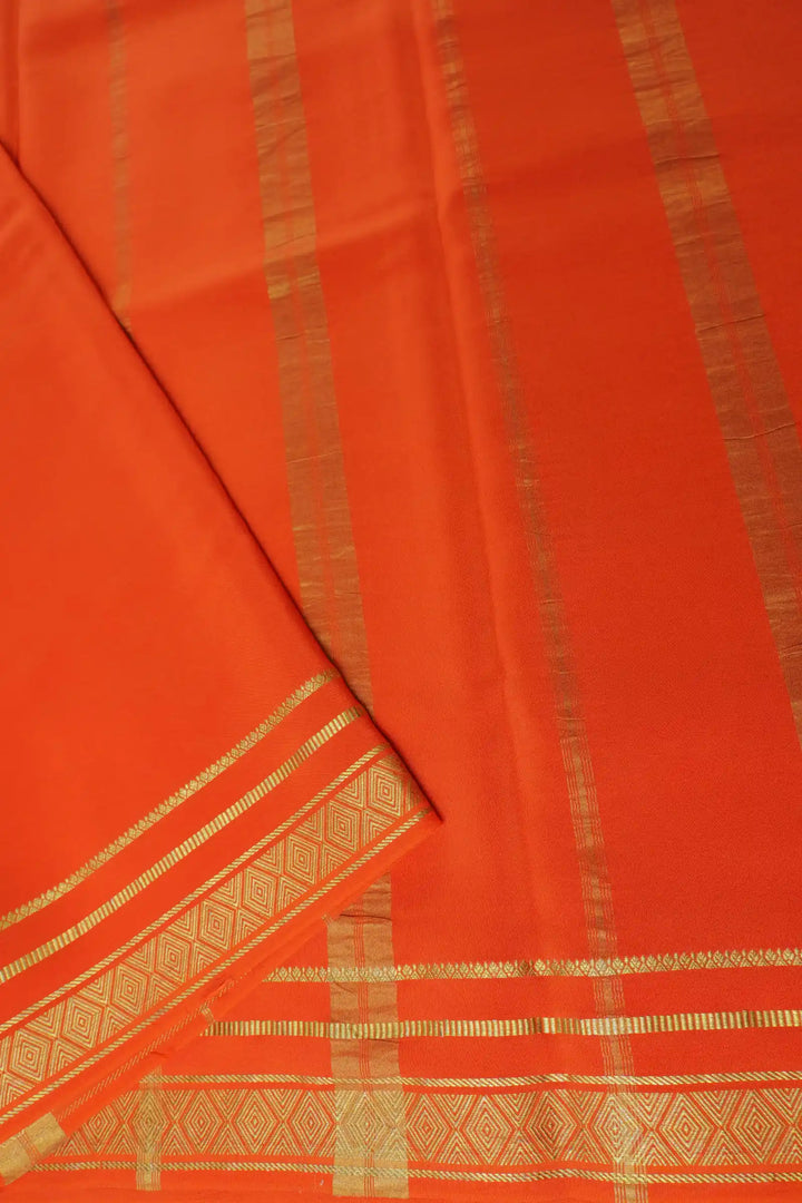 Diamond Border Pure Gold Lace Mysore Silk Saree in Brown and Orange Color With Contrast Orange Color Blouse