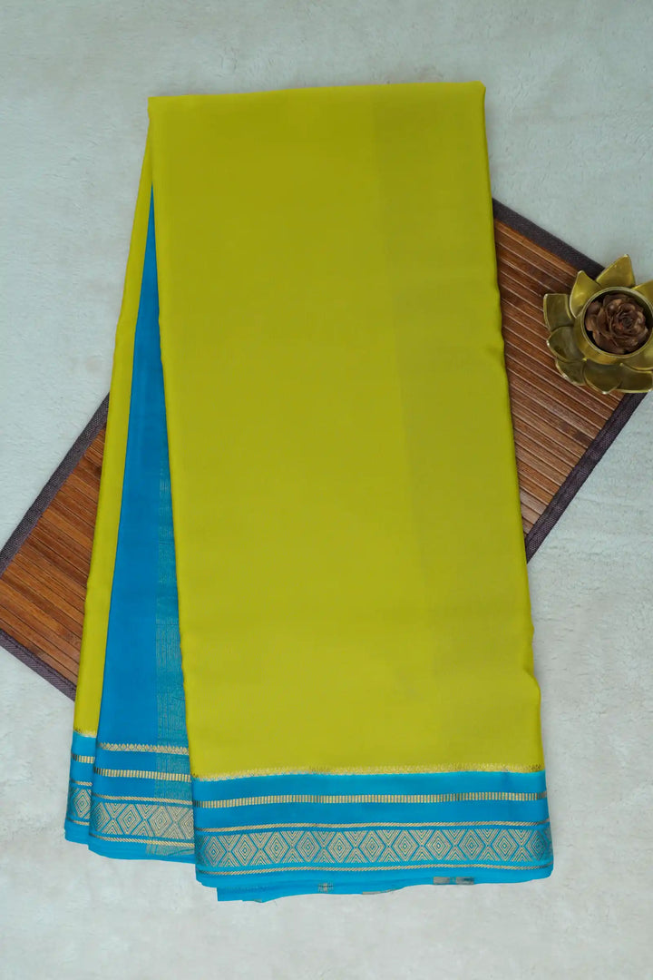 Diamond Border Pure Gold Lace Mysore Silk Saree in Yellow and Blue Color With Contrast Blue Color Blouse