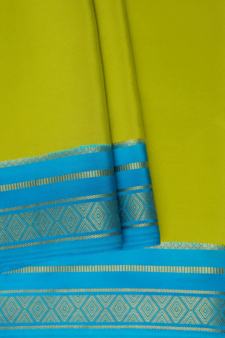 Diamond Border Pure Gold Lace Mysore Silk Saree in Yellow and Blue Color With Contrast Blue Color Blouse