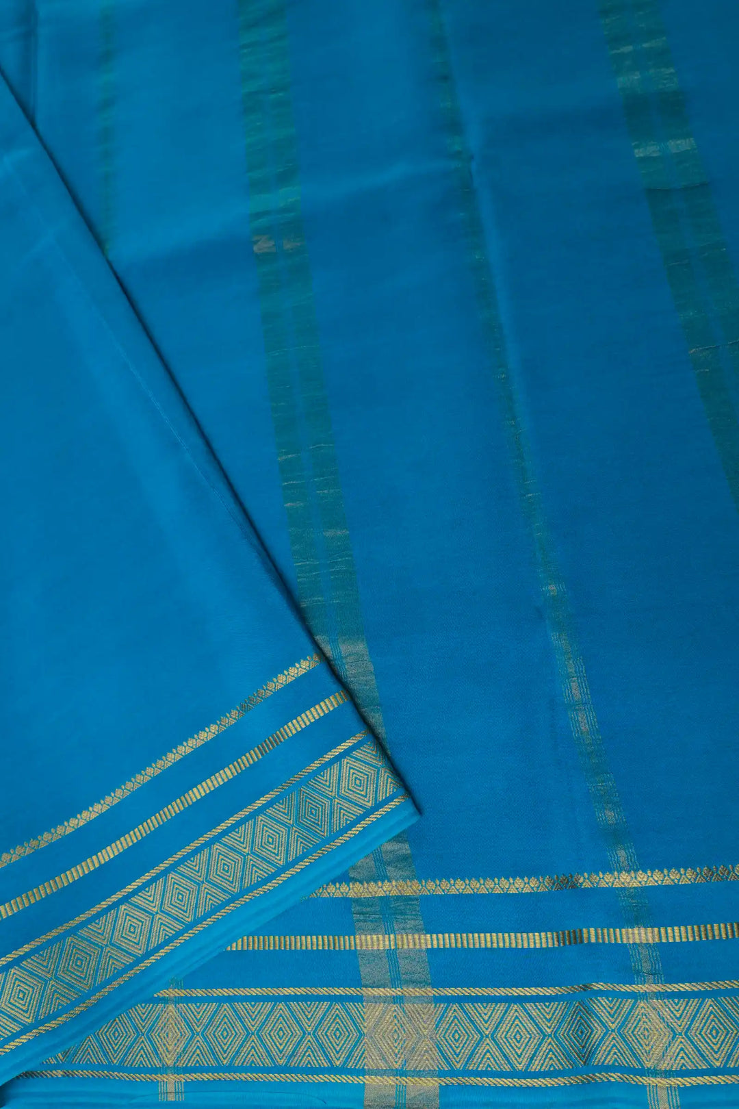 Diamond Border Pure Gold Lace Mysore Silk Saree in Yellow and Blue Color With Contrast Blue Color Blouse