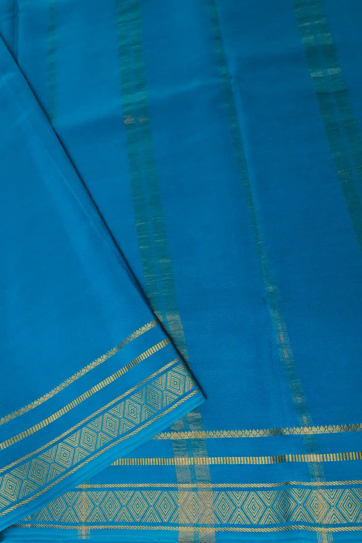 Diamond Border Pure Gold Lace Mysore Silk Saree in Yellow and Blue Color With Contrast Blue Color Blouse