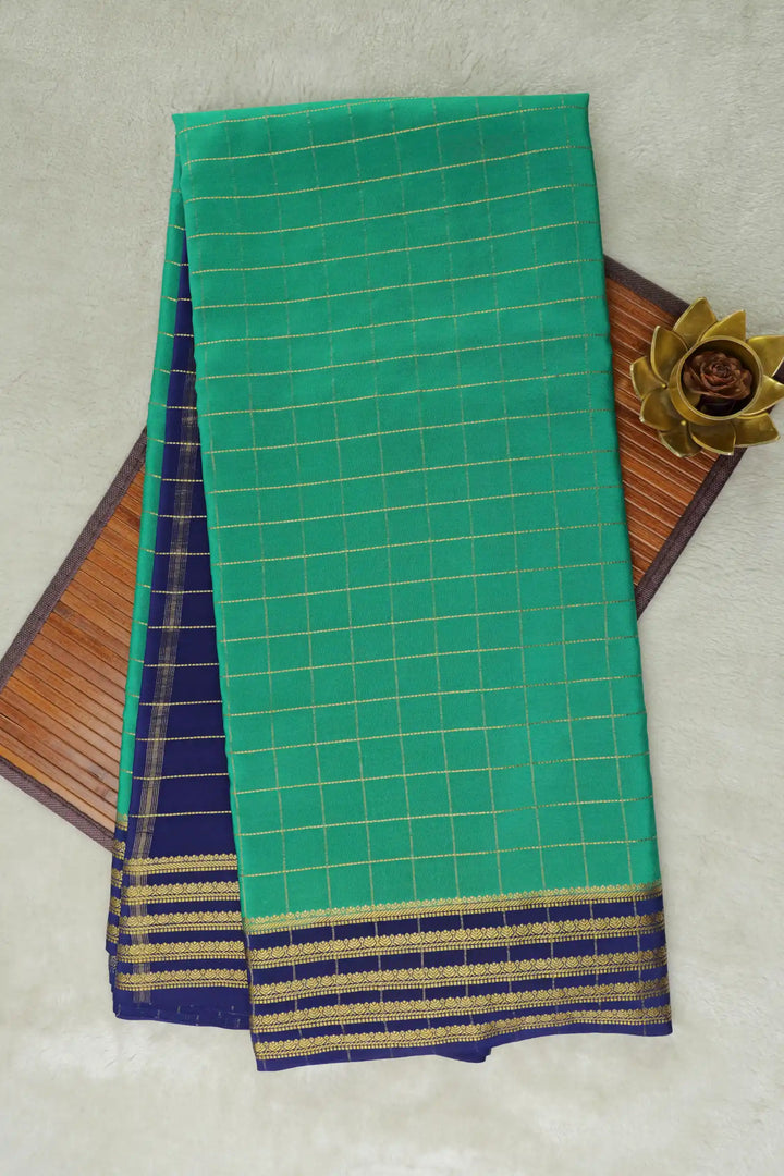 Small Checks Pure Gold Zari Mysore Silk Sarees In Green and Blue Color with Contrast Blue Color Blouse