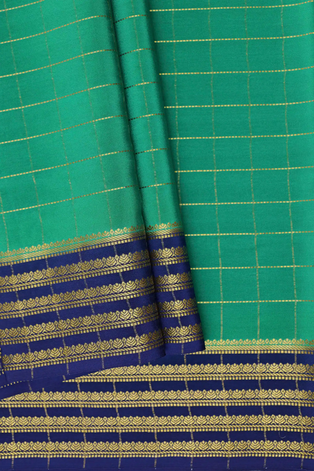 Small Checks Pure Gold Zari Mysore Silk Sarees In Green and Blue Color with Contrast Blue Color Blouse