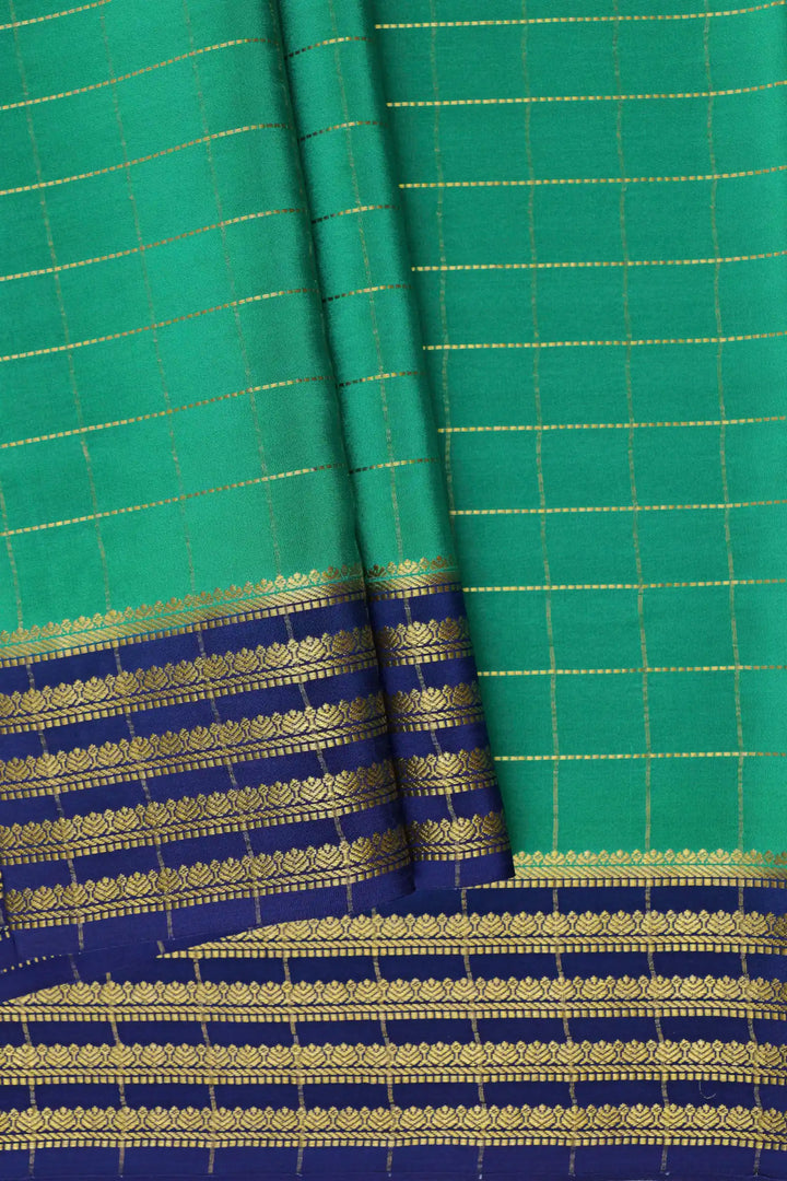 Small Checks Pure Gold Zari Mysore Silk Sarees In Green and Blue Color with Contrast Blue Color Blouse