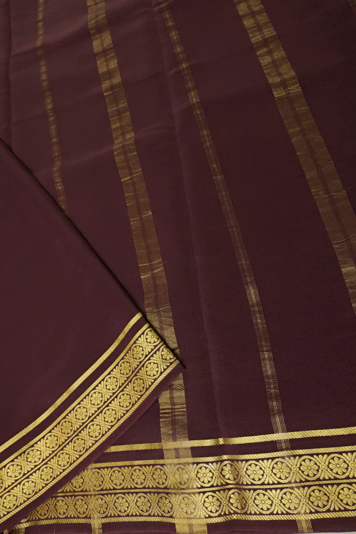 Pure Gold Lace Mysore Silk Saree in Purple and Brown Color With Contrast Brown Color Blouse